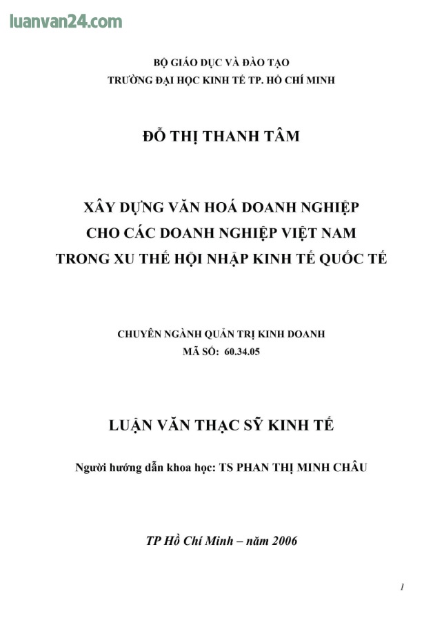 Ảnh bìa Luận văn Xây dựng văn hóa doanh nghiệp cho các doanh nghiệp Việt Nam trong xu thế hội nhập kinh tế quốc tế.