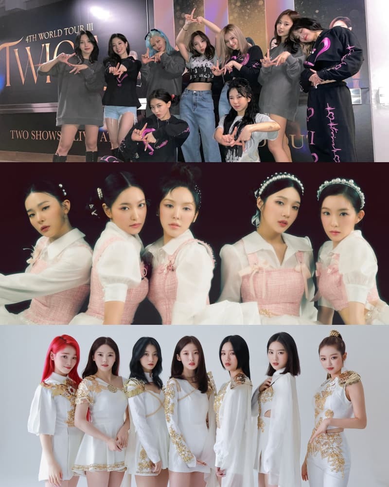  TWICE, Red Velvet và OH MY GIRL đang là những nhóm nhạc nữ vô cùng nổi tiếng. (Ảnh: hk01.com, reddit.com, kpopping)