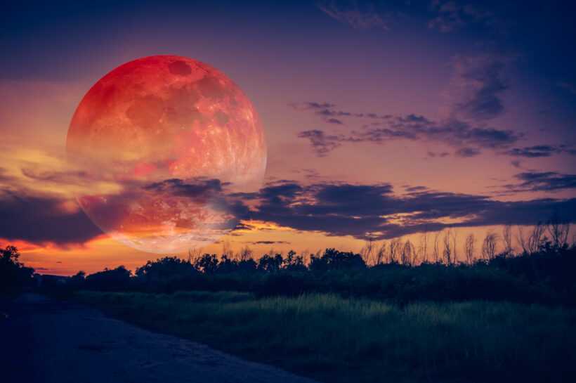 Beautiful,Countryside,Area,At,Night.,Attractive,Red,Super,Moon,Or