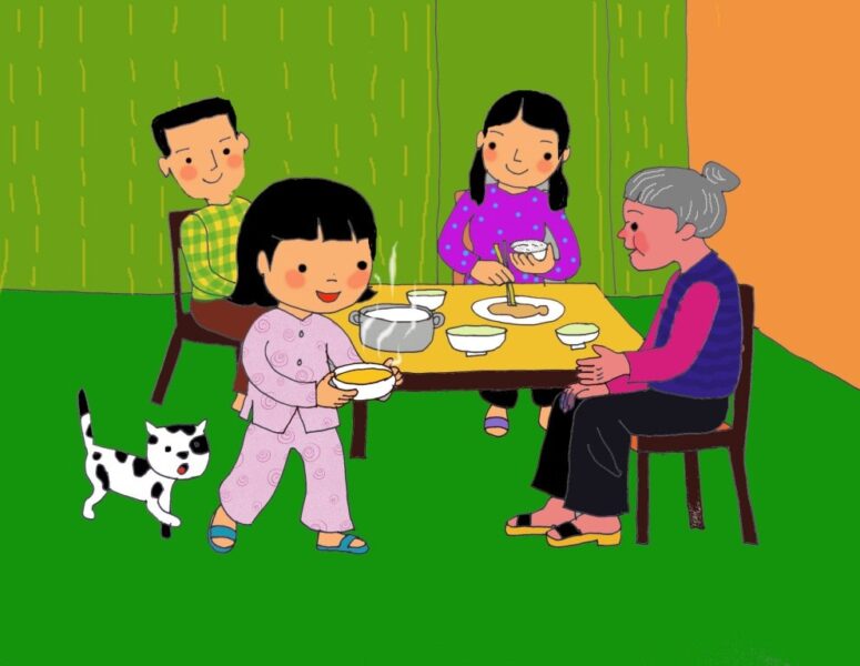 Vẽ bức tranh gia đình em mời bà ngoại ăn tối