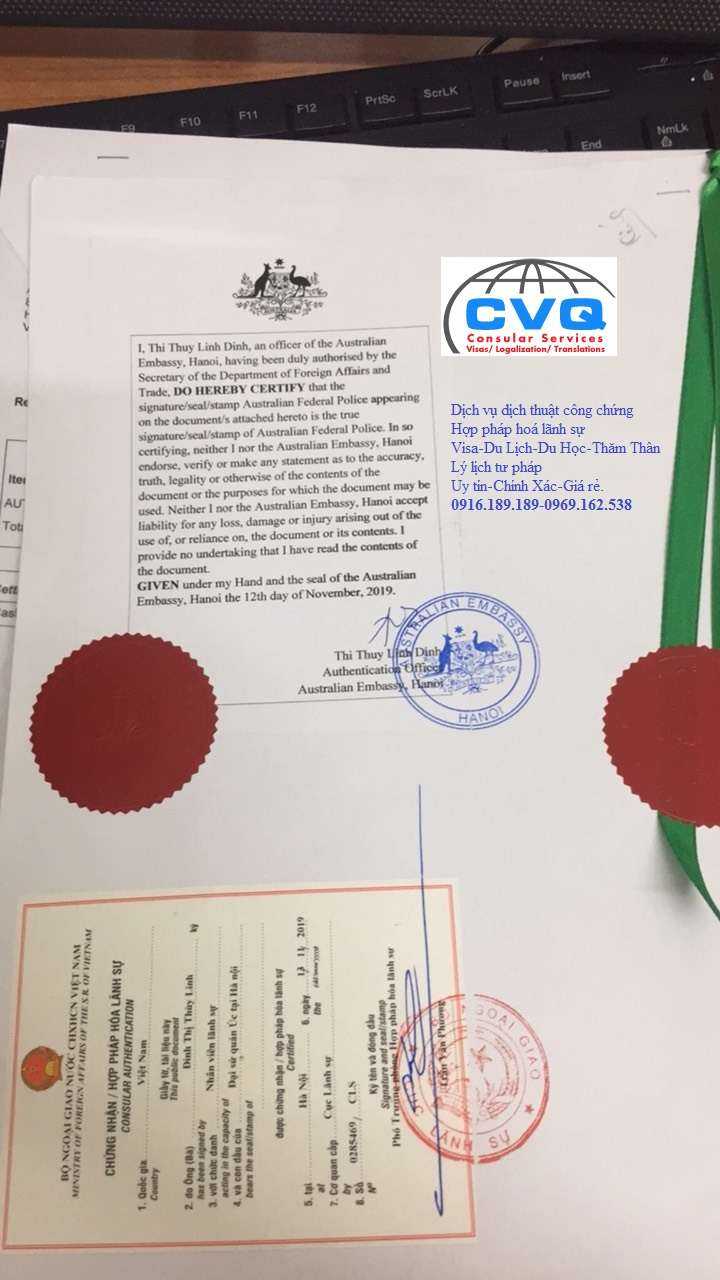 Chứng nhận hợp pháp hóa lãnh sự Bộ ngoại giao Việt Nam, Đại sứ quán Úc tại Hà Nội