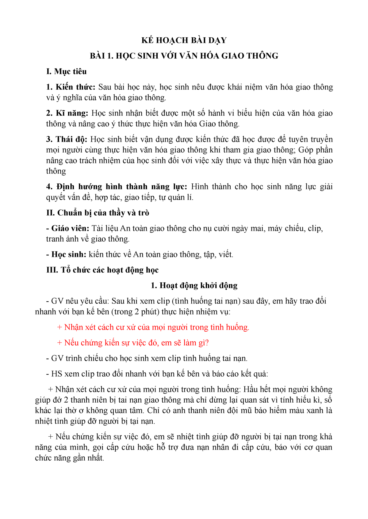 Bai 1 HS voi VH giao thong - KẾ HOẠCH BÀI DẠY BÀI 1. HỌC SINH VỚI VĂN HÓA GIAO THÔNG I. Mục tiêu - Studocu