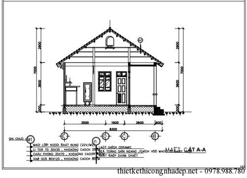 Bản vẽ mặt cắt A-A nhà cấp 4 mái thái