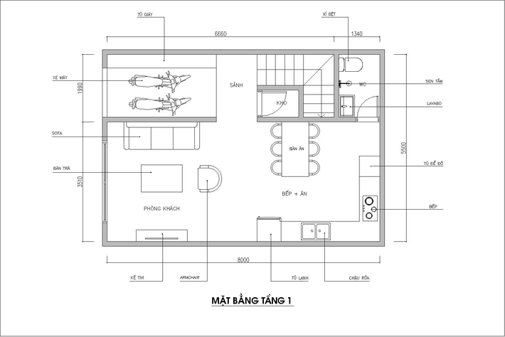 mặt bằng tầng 1 ngôi nhà 44m2