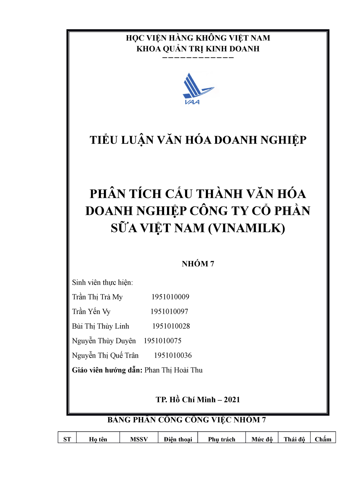 Môn văn hóa doanh nghiệp- Phân tích về văn hóa doanh nghiệp của công ty Vinamilk - BẢNG PHÂN CÔNG - Studocu