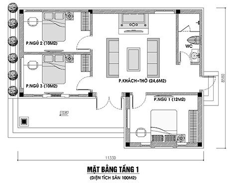 bản vẽ nhà cấp 4 đẹp mái thái với mái ngói