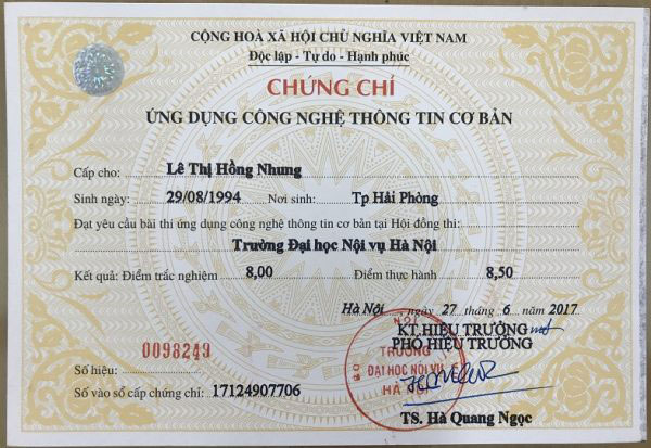 bằng B tin học văn phòng dịch sang tiếng anh