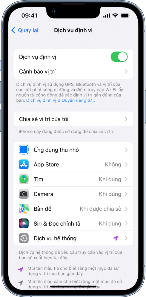 Màn hình Dịch vụ định vị, với các cài đặt để chia sẻ vị trí của iPhone, bao gồm các cài đặt tùy chỉnh cho các ứng dụng riêng lẻ.
