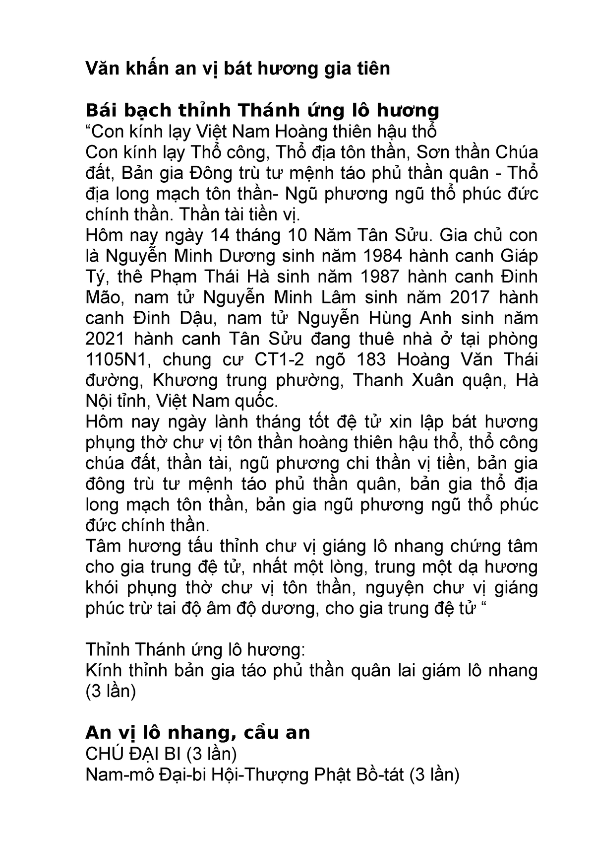 Văn khấn an vị bát hương gia tiên - Văn khấn an vị bát hương gia tiên Bái bạch thỉnh Thánh ứng lô - Studocu