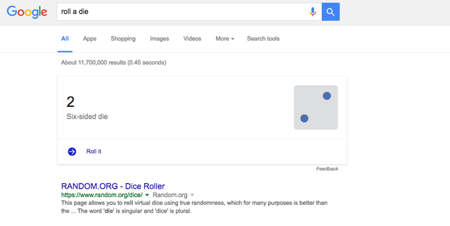 5. Bỗng nhiên muốn chơi cá ngựa nhưng chẳng tìm thấy xúc xắc đâu cả? Hãy lên Google và tìm roll a dice là mọi chuyện sẽ được giải quyết.