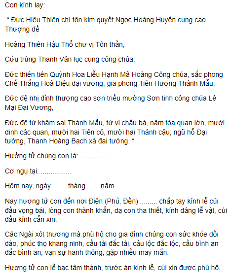 Văn khấn Mẫu ở chùa