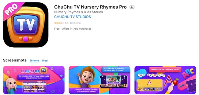 Chuchu TV Nursery Rhymes Video Pro có tính năng chống xao nhãng Child Lock