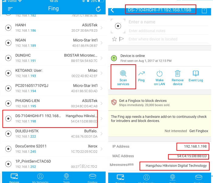 Dùng Fing để seach ip hack camera quan sát