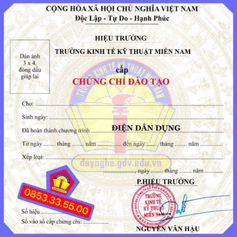 MẪU CHỨNG CHỈ NGHỀ ĐIỆN DÂN DỤNG