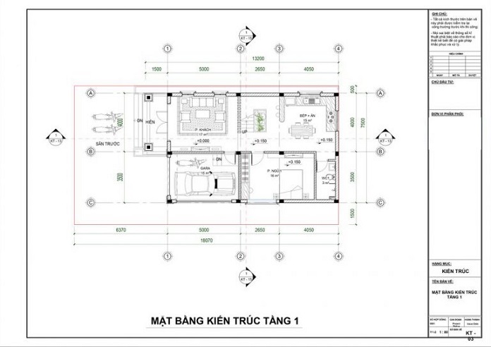 Mặt bằng công năng tầng 1 của căn nhà với gara ô tô rộng 15m2