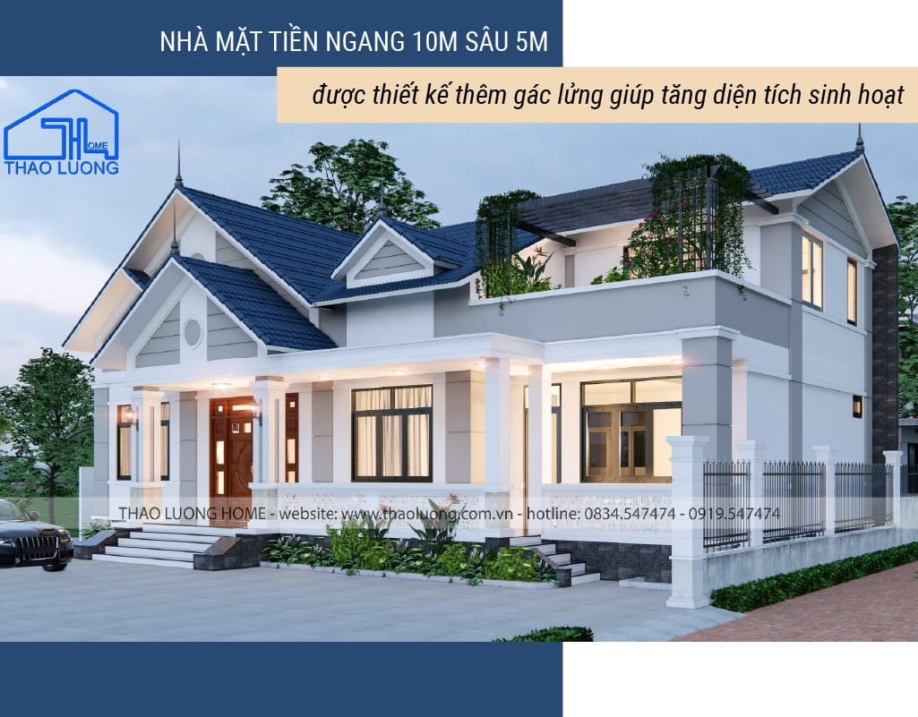 Nhà mặt tiền ngang 10m sâu 5m được thiết kế thêm gác lửng giúp tăng diện tích sinh hoạt