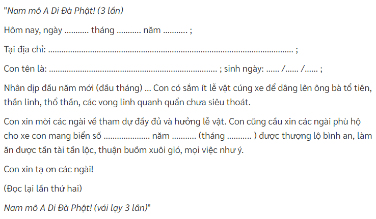 Nội dung bài cúng xe hàng tháng