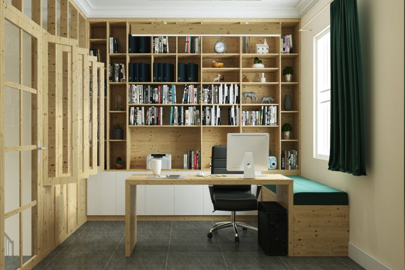 Phòng làm việc được thiết kế hiện đại tiện nghi với hệ thống tủ và kệ sách cao kịch trần tiện lợi, gọn gàng