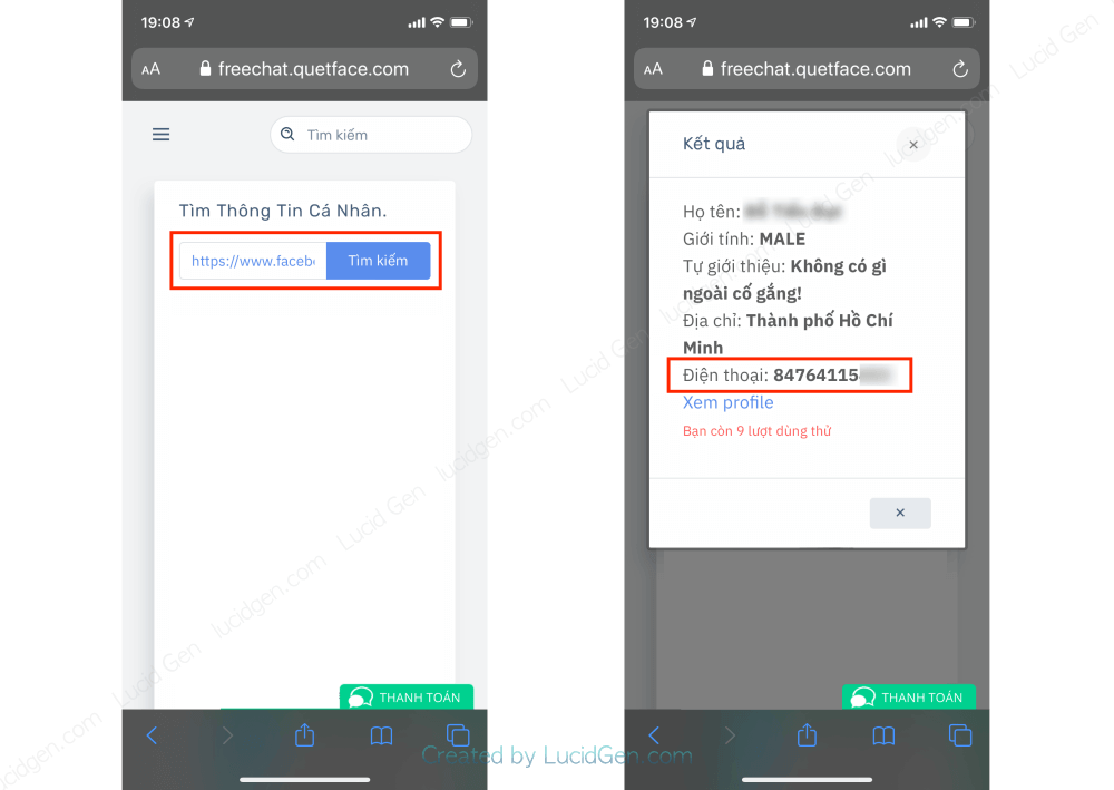 Dán liên kết trang cá nhân vào rồi nhấp tìm kiếm để quét số điện thoại Facebook