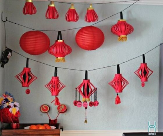 cách trang trí lớp học ngày tết bằng giấy màu đỏ. Đồ handmade decor tết.