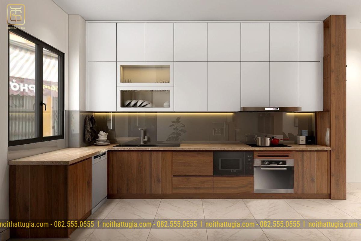 Tủ bếp hoàn toàn bằng gỗ kết hợp với lớp sơn phủ melamine hiện đại