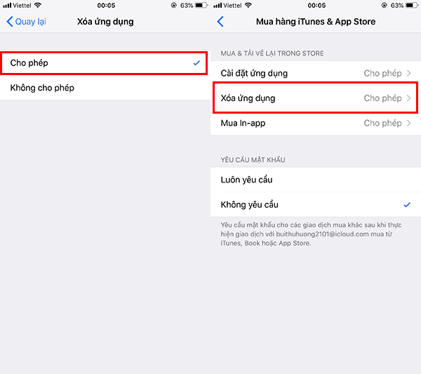 Tại mục Xóa ứng dụng, bạn hãy chọn Allow để cho phép việc xóa các app trên iOS 12.