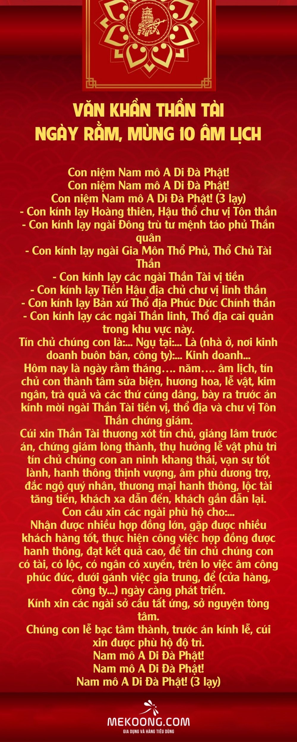 Văn khấn Thần Tài ngày rằm, mùng 10 Âm lịch