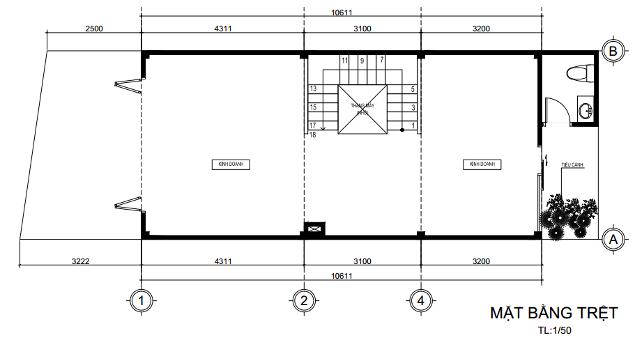 Ảnh 56: Mặt bằng công năng tầng trệt của mẫu nhà 4 tầng mặt tiền 5m