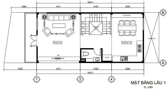 Ảnh 57: Mặt bằng công năng lầu 1 của mẫu nhà 4 tầng mặt tiền 5m