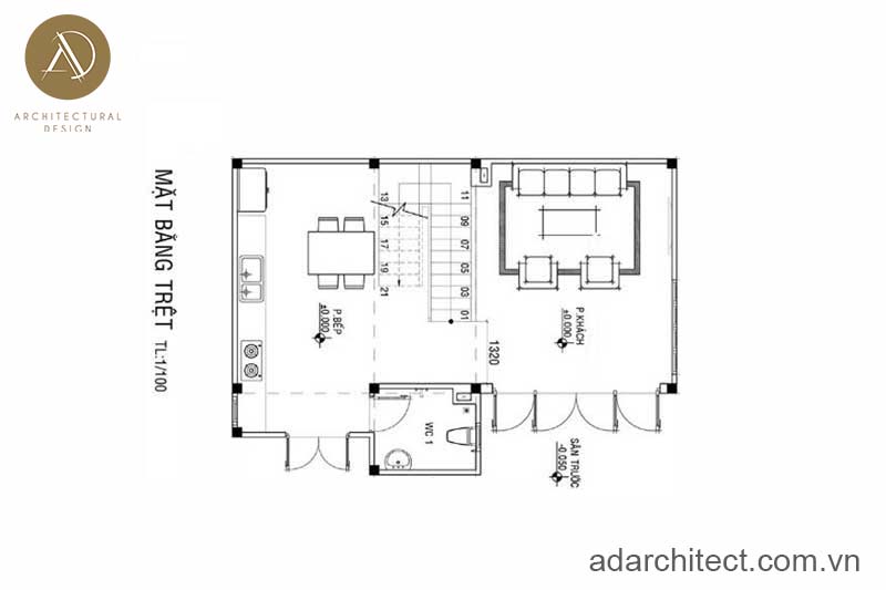 Bản vẽ trệt của mẫu thiết kế nhà mặt tiền 9m đẹp