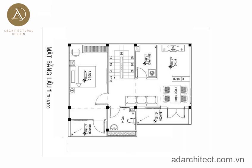 Bản vẽ lầu 1 của mẫu thiết kế nhà mặt tiền 9m đẹp