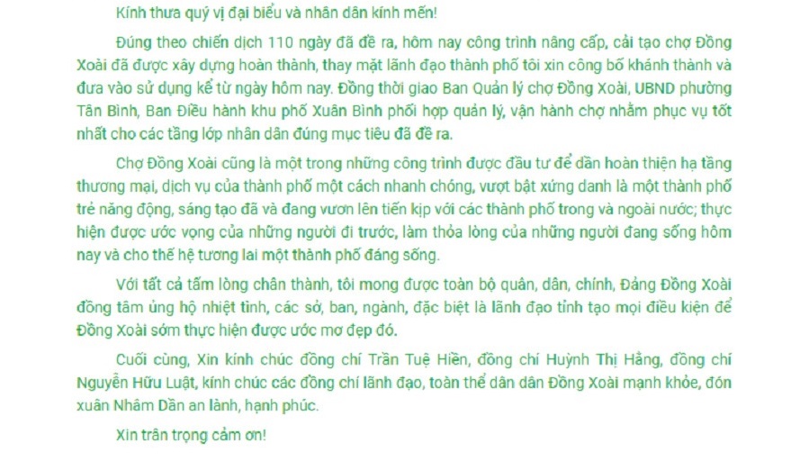 Bài phát biểu tại lễ khánh thành công trình