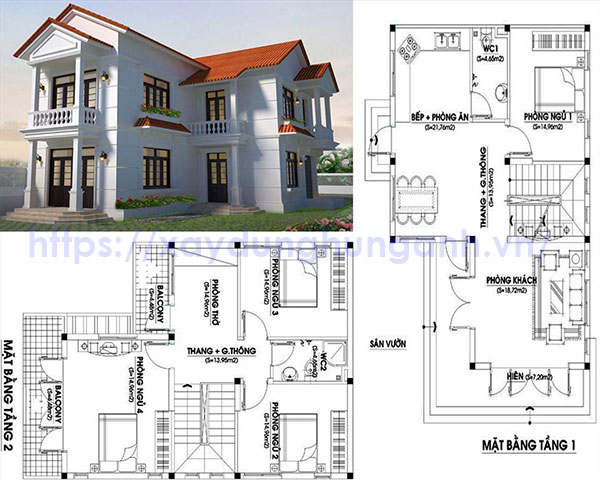 Bản vẽ cad nhà 2 tầng mái thái chữ L