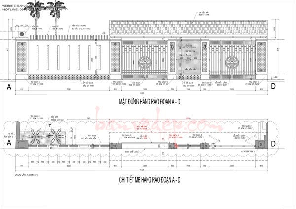 Bản vẽ cổng mái thái và hàng rào xây cho biệt thự vườn [file cad + pdf, không pass]