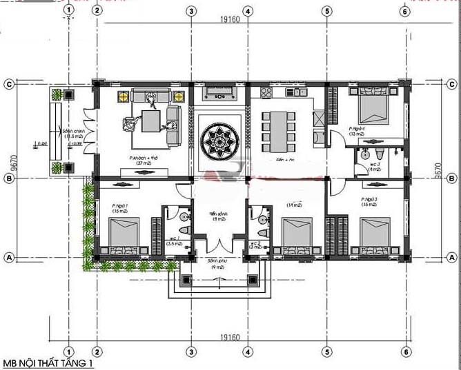 Bản vẽ mặt bằng bố trí mẫu nhà 1 tầng 4 phòng ngủ