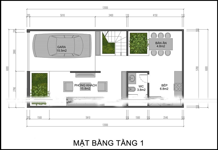 Bản vẽ mặt bằng mẫu thiết kế nhà ngang 6m dài 12m 3 tầng chi tiết