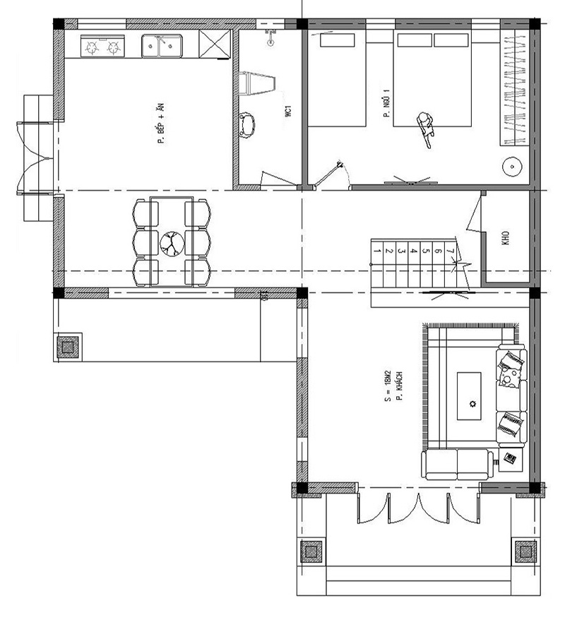 bản vẽ mặt bằng nhà 2 tầng chữ l mái thái