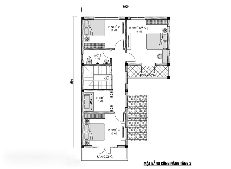 bản vẽ mặt bằng tầng 2 nhà 2 tầng chữ l 4 phòng ngủ