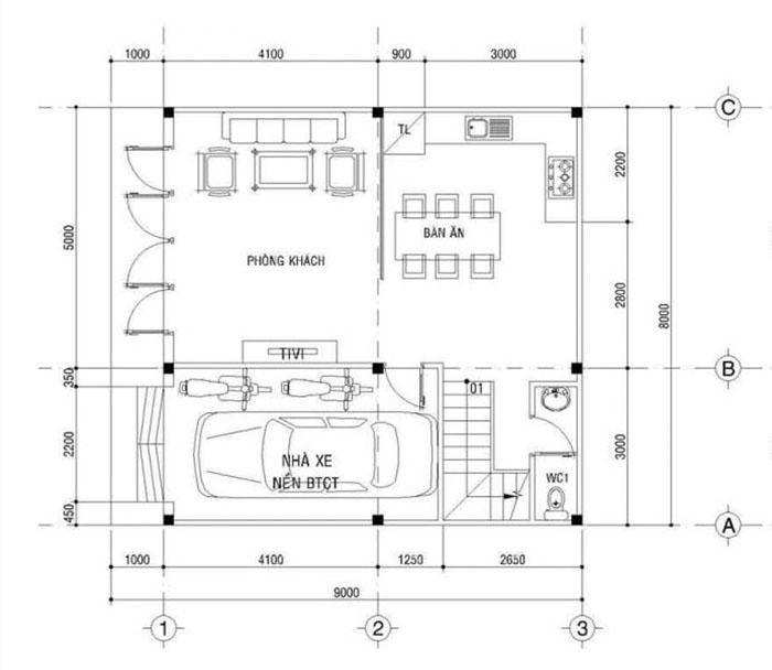 Bản vẽ mặt bằng thiết kế nhà 8x9m 1