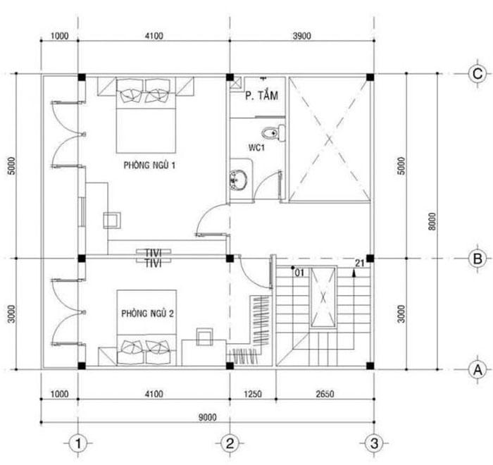 Bản vẽ mặt bằng thiết kế nhà 8x9m 2