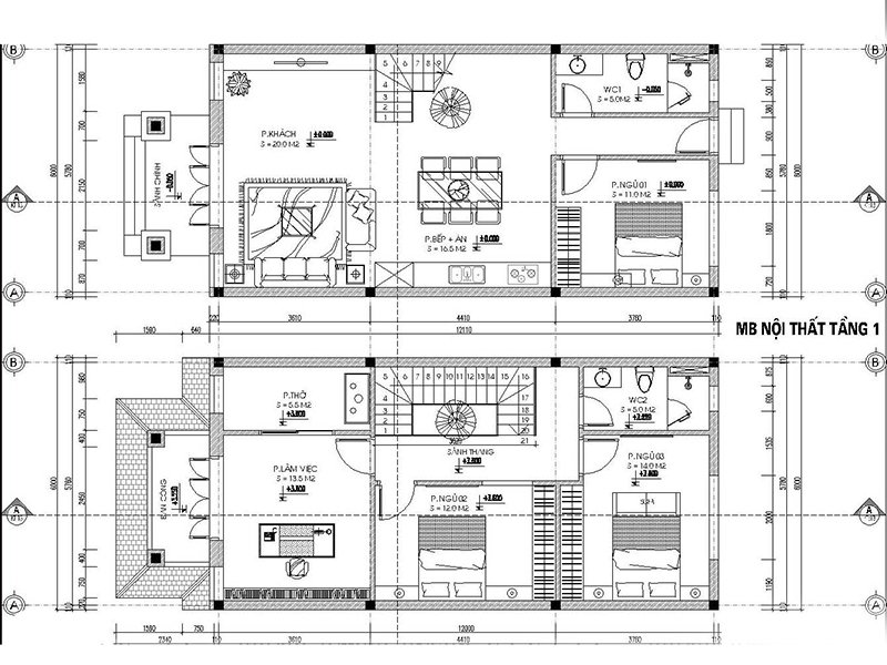 Bản vẽ nhà 2 tầng mặt tiền 6m