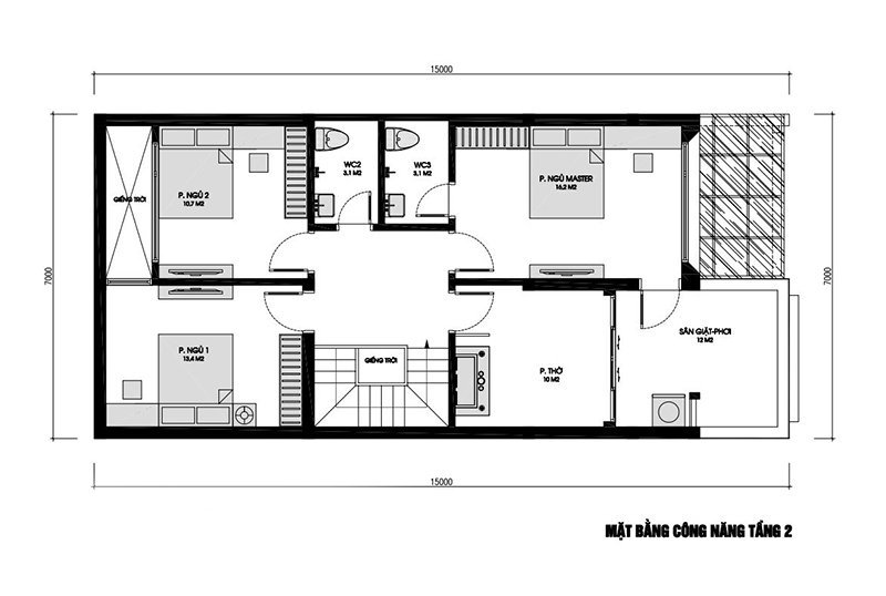 Ý tưởng bố trí công năng nhà 2 tầng 7x15m