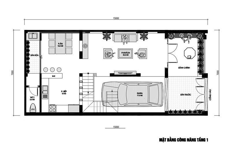 Ý tưởng bố trí công năng nhà 2 tầng 7x15m