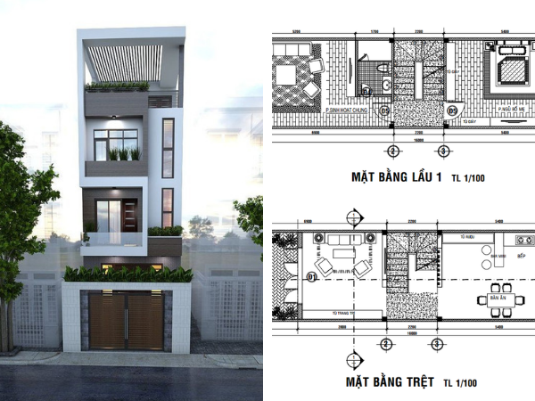 Bản vẽ nhà 4 tầng với diện tích 4x16m có giếng trời thông thoáng