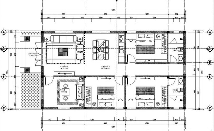 Chi tiết bản thiết kế nhà cấp 4 3 phòng ngủ