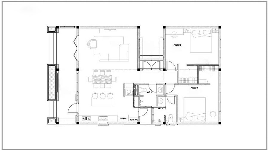 Chi tiết bản thiết kế nhà cấp 4 2 phòng ngủ truyền thống 