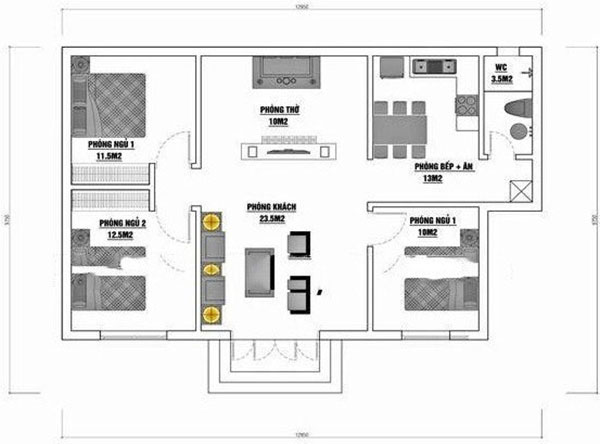 bản vẽ nhà cấp 4 3 phòng ngủ 1 phòng thờ