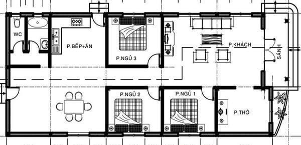 bản vẽ nhà cấp 4 3 phòng ngủ 1 phòng thờ