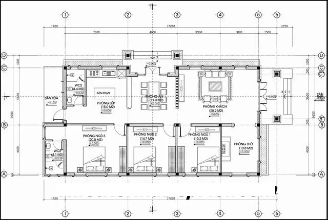 bản vẽ nhà cấp 4 3 phòng ngủ 1 phòng thờ