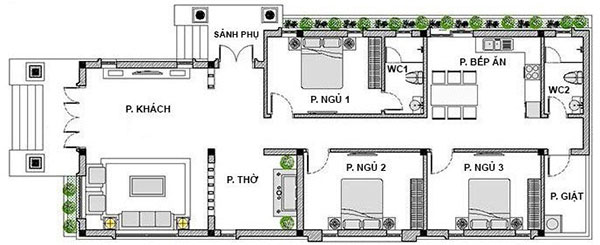 bản vẽ nhà cấp 4 3 phòng ngủ 1 phòng thờ